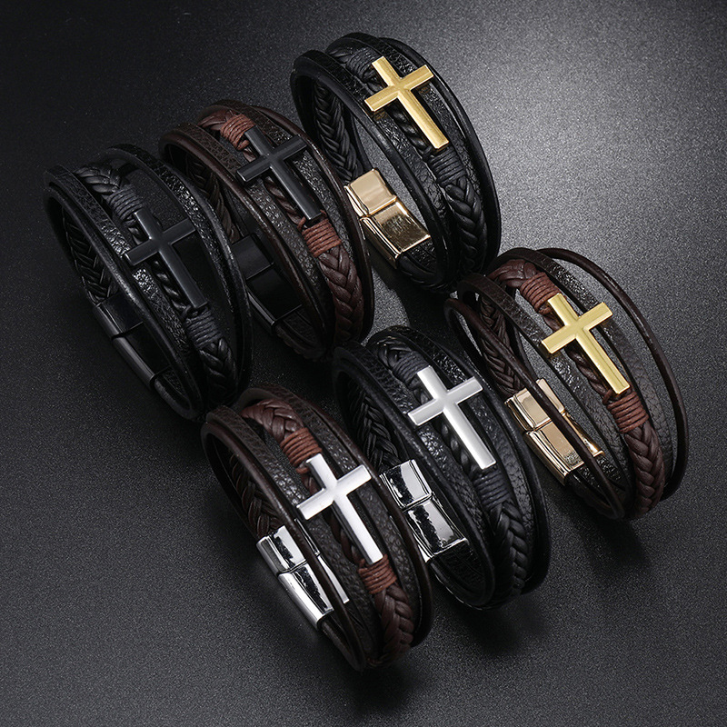Mens Fashion Combination - Men's Leather Cross Bracelet New Fashion