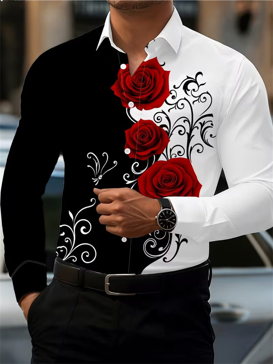 Men'S Fashion - Men's Red Rose Print Long-Sleeve Shirt,