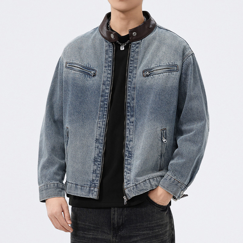 Stand Leather Collar Denim Jac - Men'S Fashion Leather Jacket 评论和价格