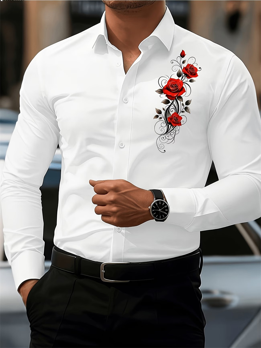 Men's Red Rose Print Long-Slee - Men'S Fashion 评论和价格