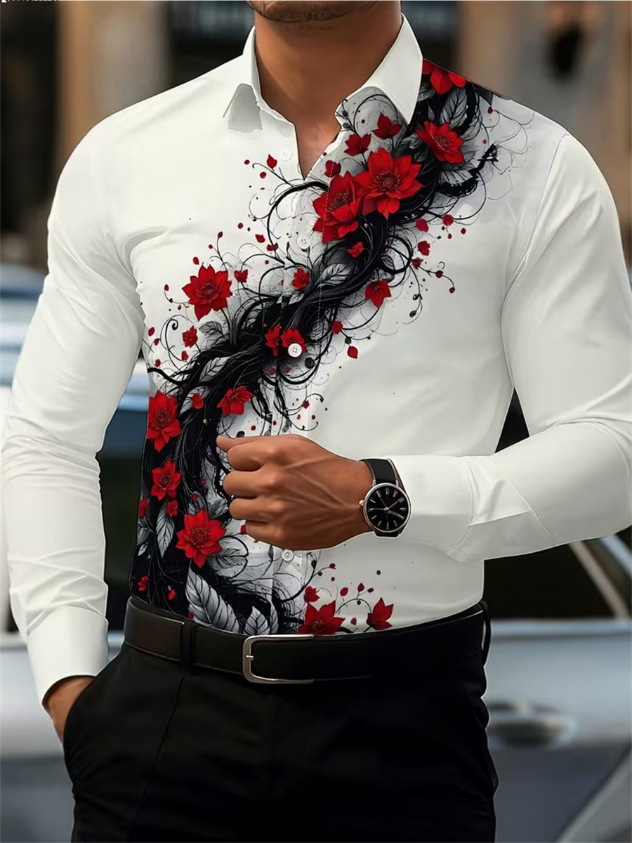 Men's Red Rose Print Long-Slee - Men'S Fashion 评论和价格