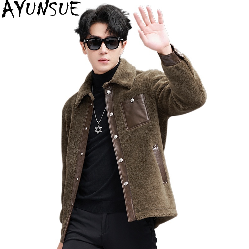 AYUNSUE 100% Wool Coat for Men - Men'S Fashion Leather Jacket 评论和价格