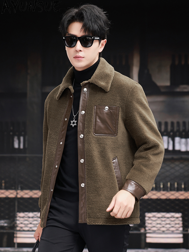 AYUNSUE 100% Wool Coat for Men - Men'S Fashion Leather Jacket 评论和价格