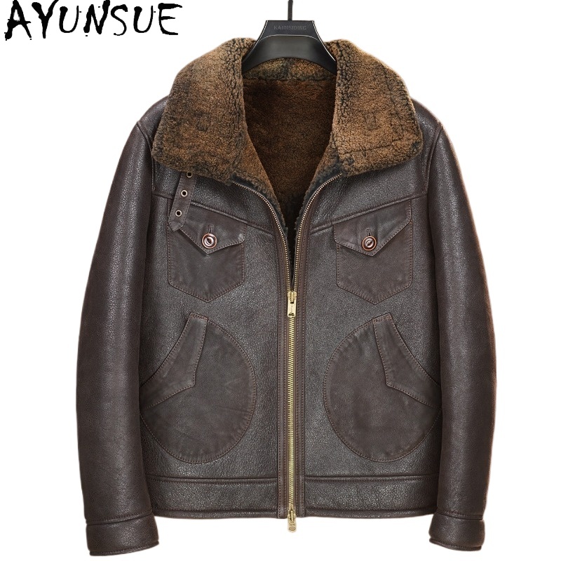 AYUNSUE 100% Natural Fur Coat  - Men'S Fashion Leather Jacket 评论和价格